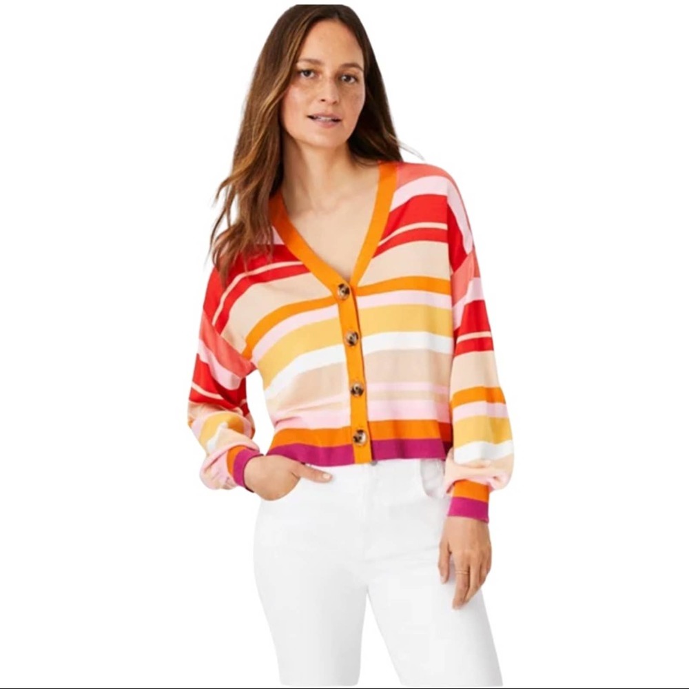 Ann Taylor Orange Pink Striped Cardigan Loose Button Up Knit Size L Large New